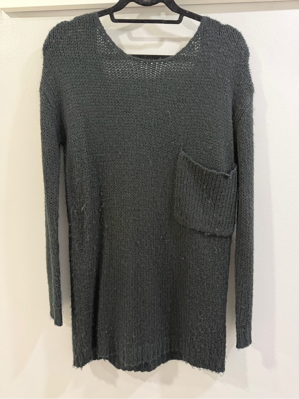Trouve Dark Charcoal Open-Knit Longline Crewneck Sweater with Pocket